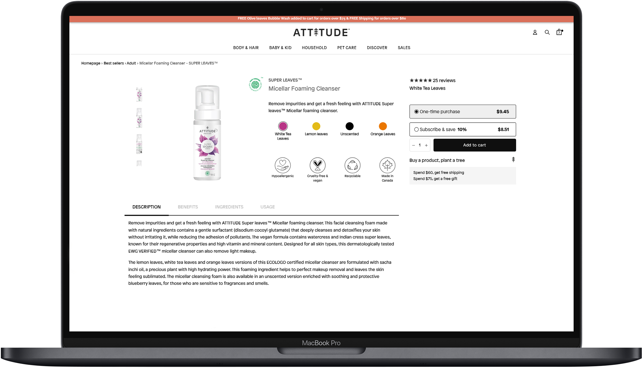 Subscription widget for ATTITUDE Living that allows customers to choose between one-time and subscription products.