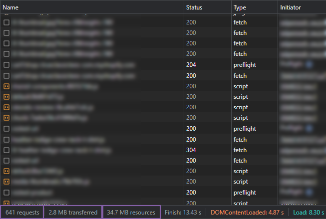 Network Tab of Developer Tools which shows the payload of a full page refresh.